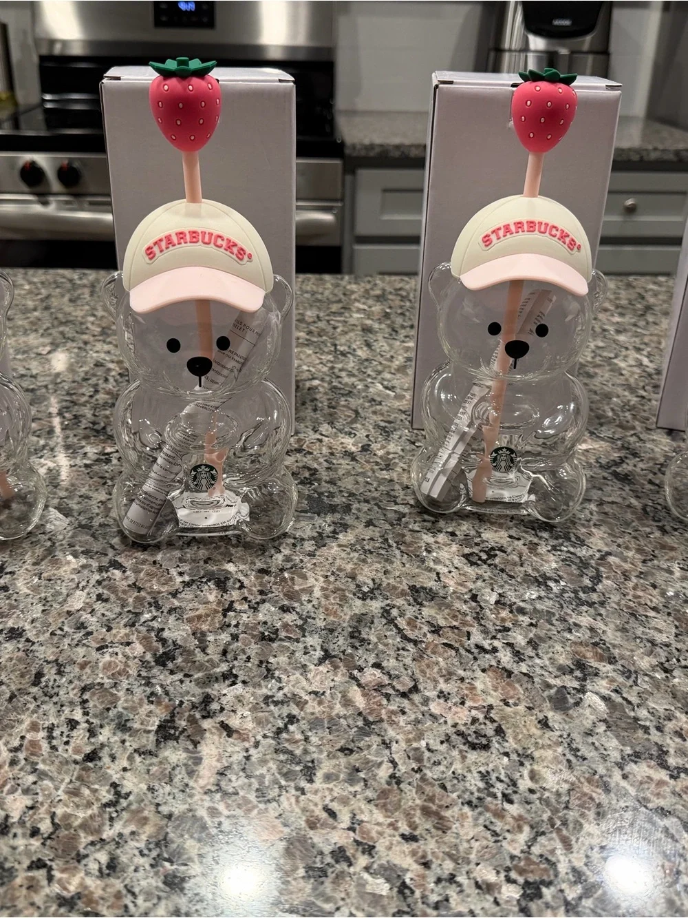 Starbucks Clear Bear Bottle with Pink Strawberry Cap and Cream Hat
